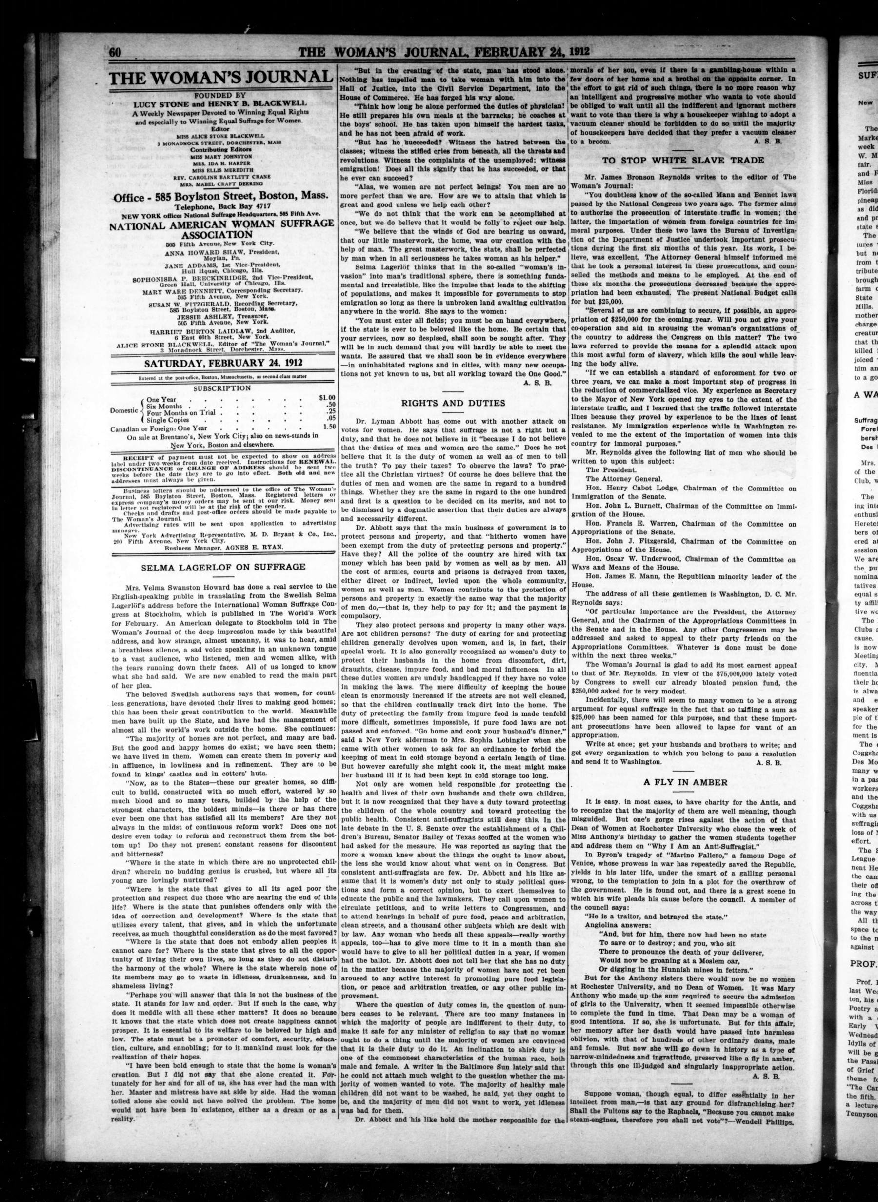 Page 4 of The Woman's Journal, vol. 43, no. 8, February 24, 1912, p. 60