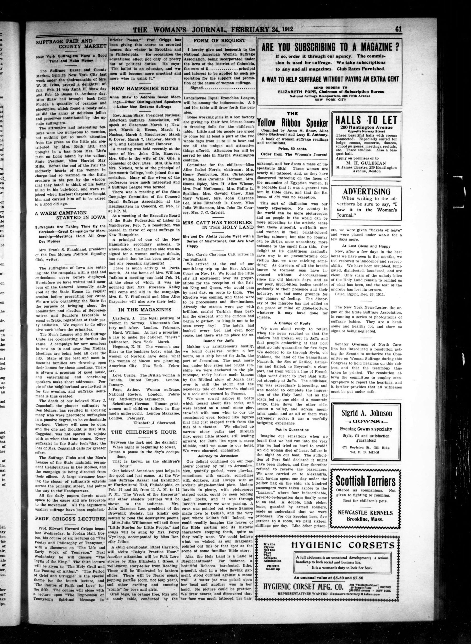 Page 5 of The Woman's Journal, vol. 43, no. 8, February 24, 1912, p. 61