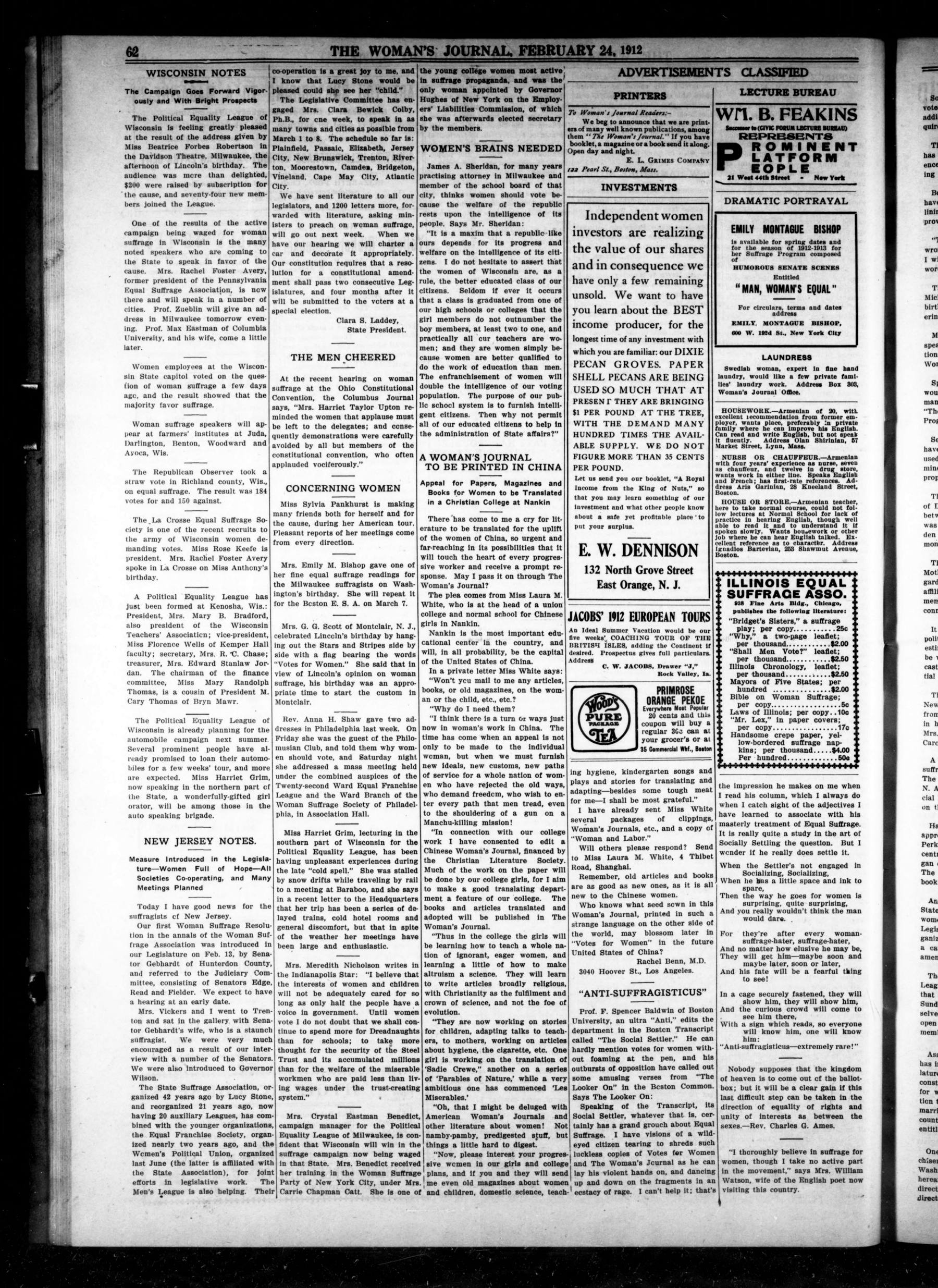 Page 6 of The Woman's Journal, vol. 43, no. 8, February 24, 1912, p. 62
