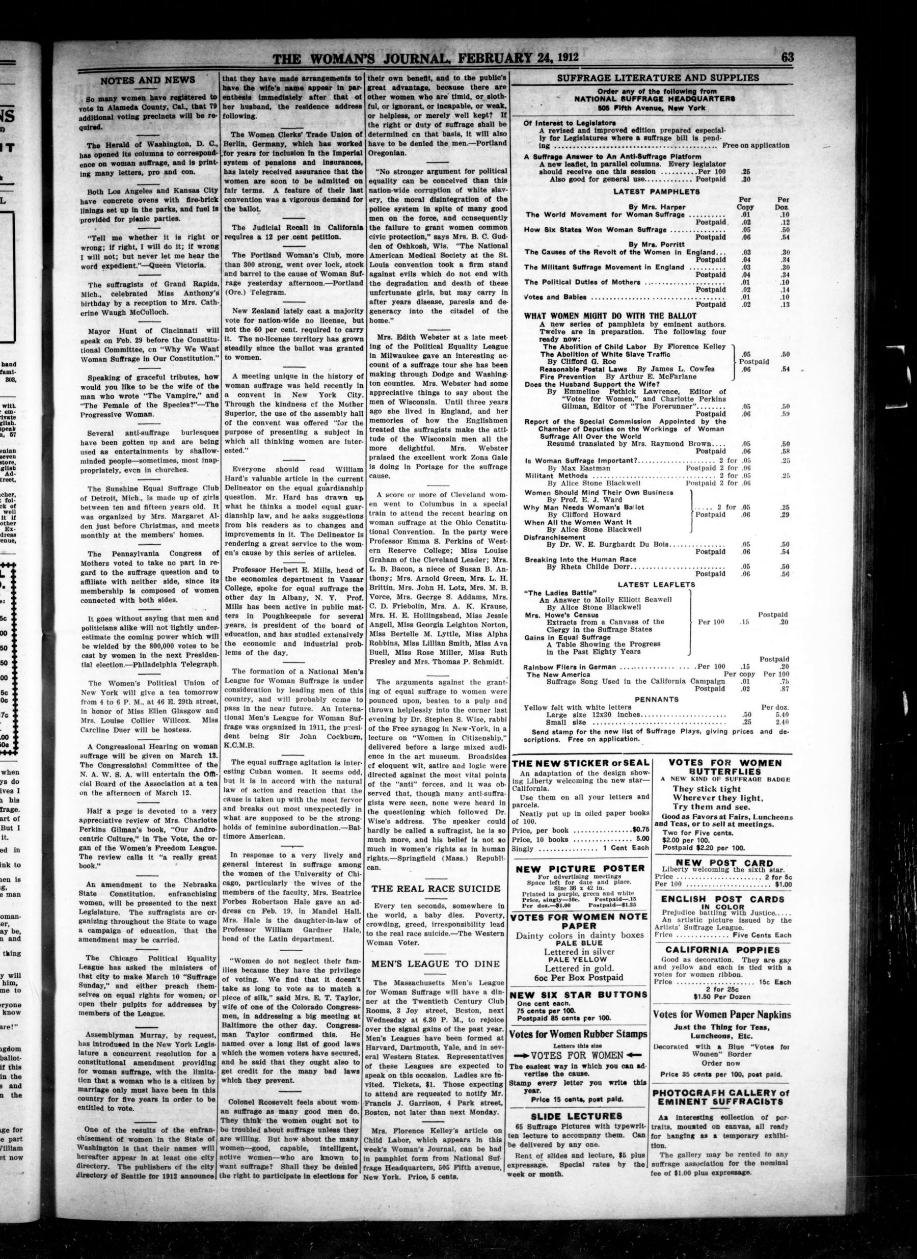 Page 7 of The Woman's Journal, vol. 43, no. 8, February 24, 1912, p. 63