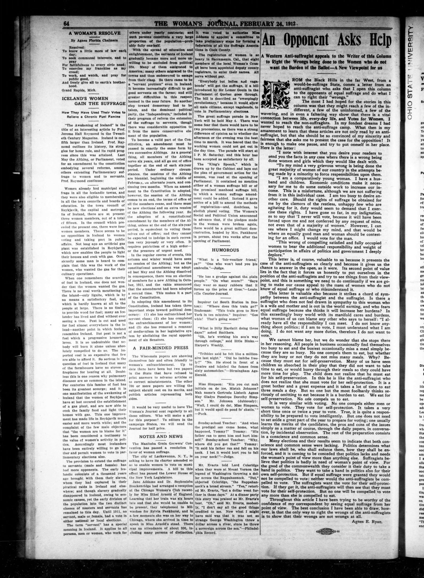 Page 8 of The Woman's Journal, vol. 43, no. 8, February 24, 1912, p. 64