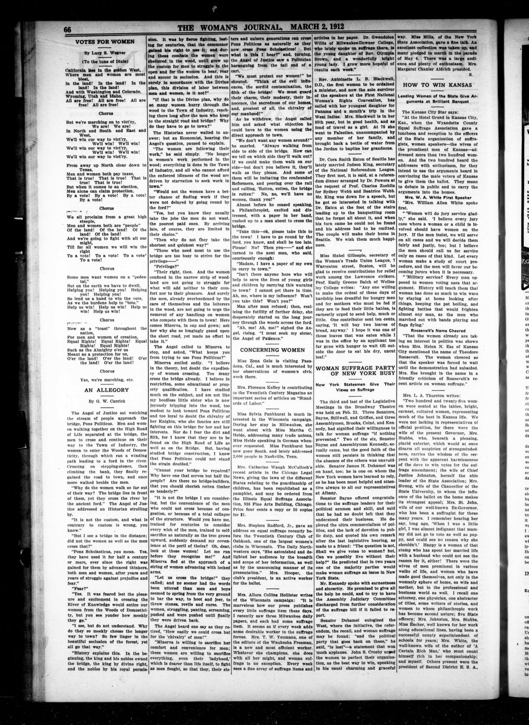 Page 2 of The Woman's Journal, vol. 43, no. 9, March 2, 1912, p. 66