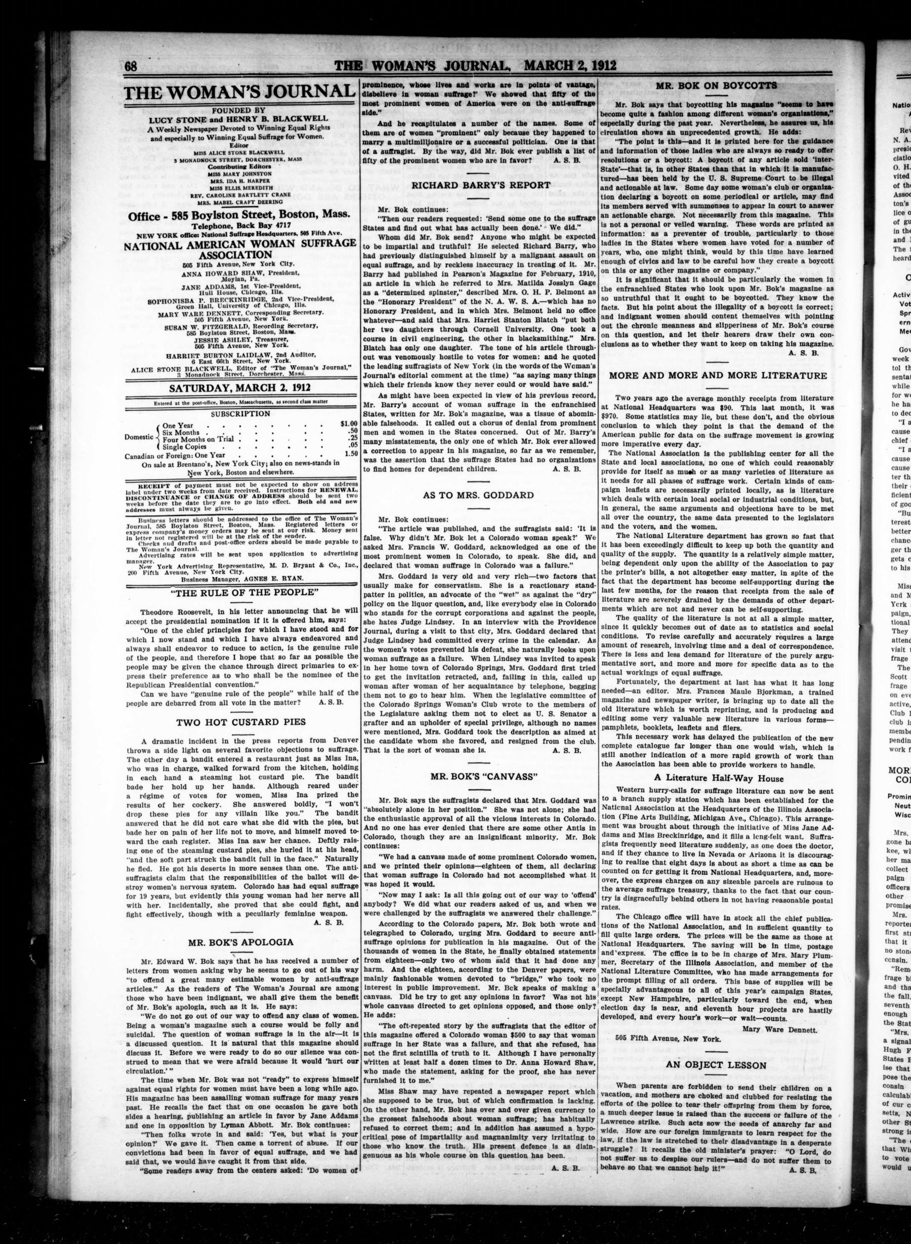 Page 4 of The Woman's Journal, vol. 43, no. 9, March 2, 1912, p. 68