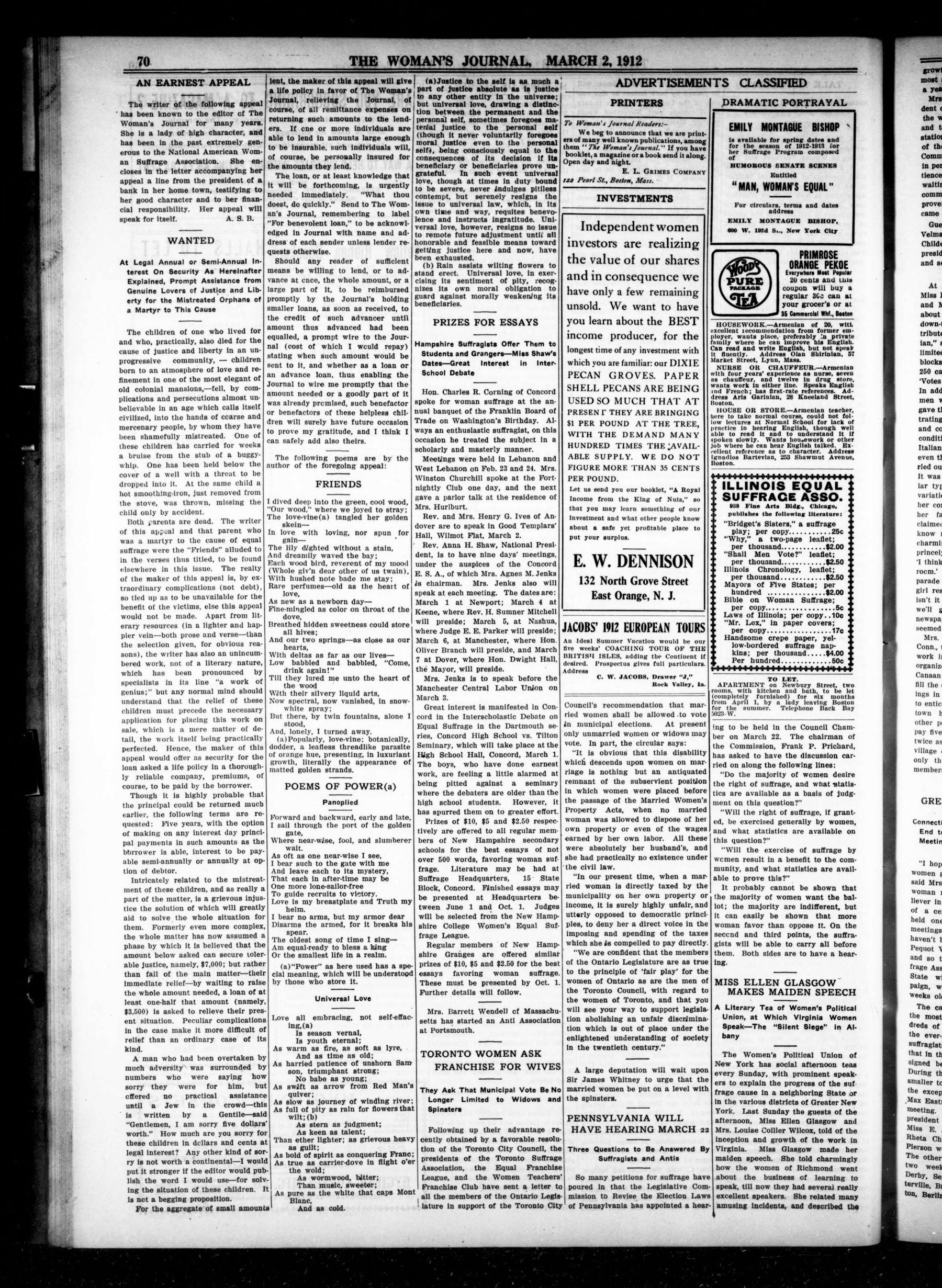 Page 6 of The Woman's Journal, vol. 43, no. 9, March 2, 1912, p. 70