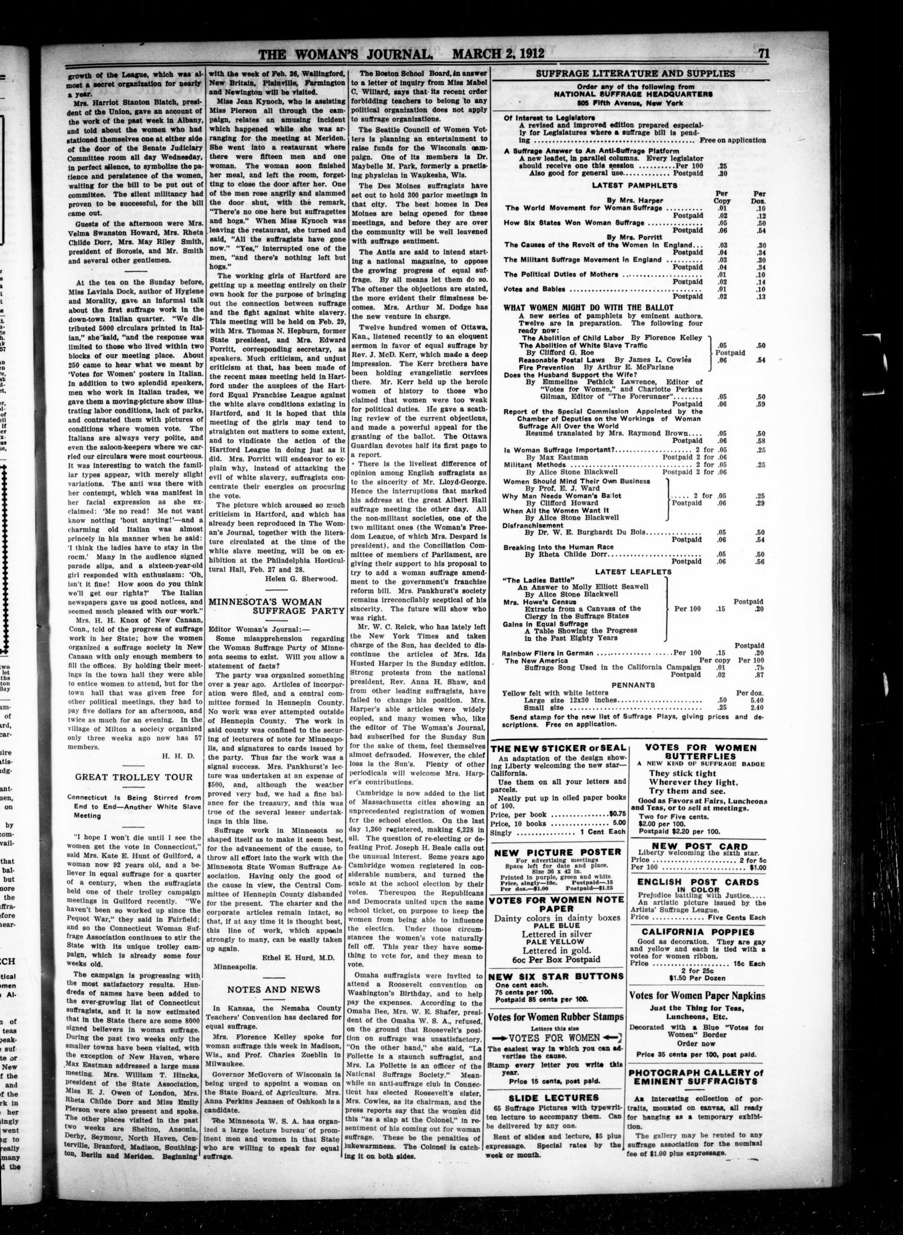 Page 7 of The Woman's Journal, vol. 43, no. 9, March 2, 1912, p. 71