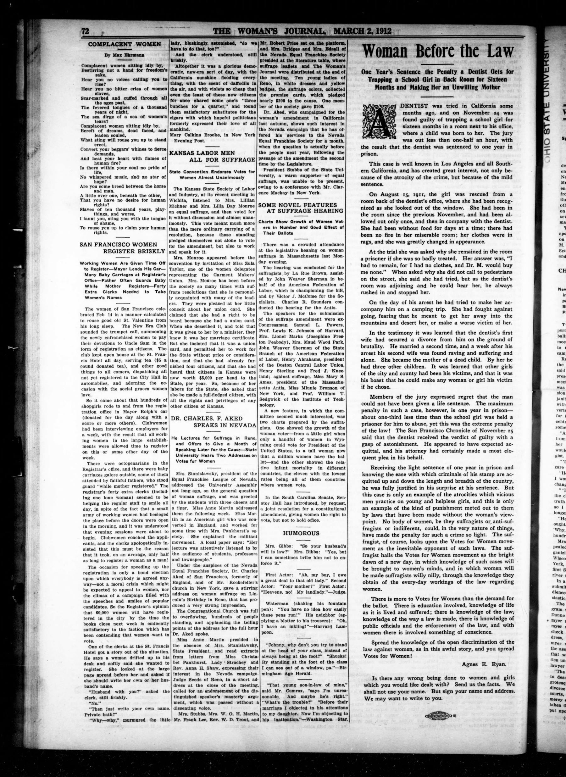 Page 8 of The Woman's Journal, vol. 43, no. 9, March 2, 1912, p. 72